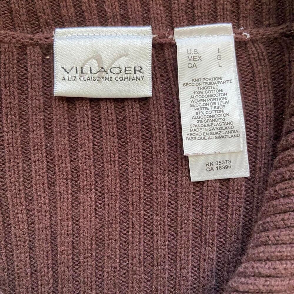 Vintage Y2K Villager Denim Panel Zip Sweater Jacket Brown Ribbed Knit - Picture 2 of 5